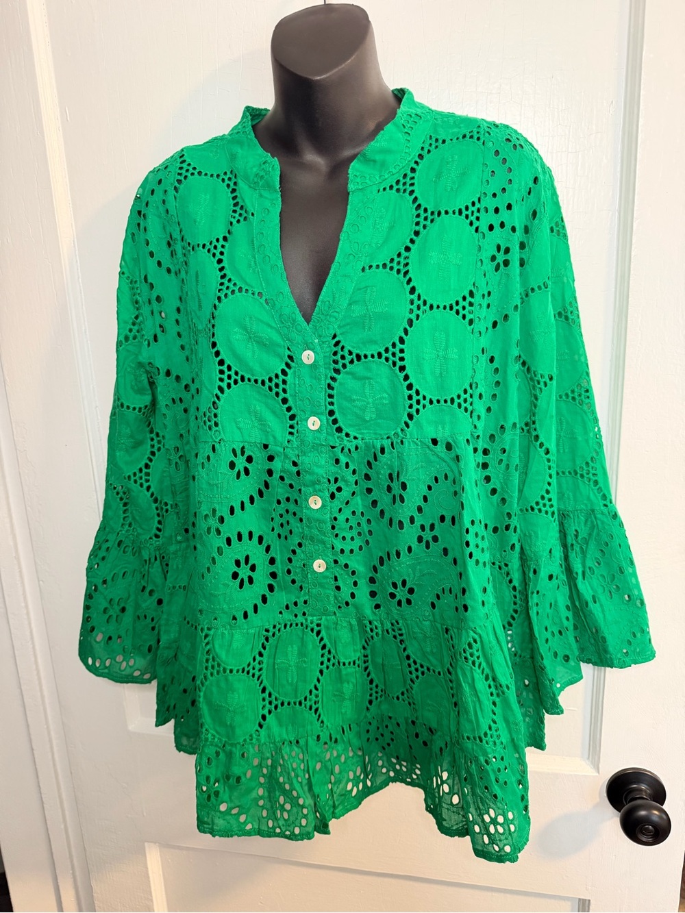 Jaded Gypsy Green Eyelet Button-Front Peplum Blouse - Picture 2 of 9